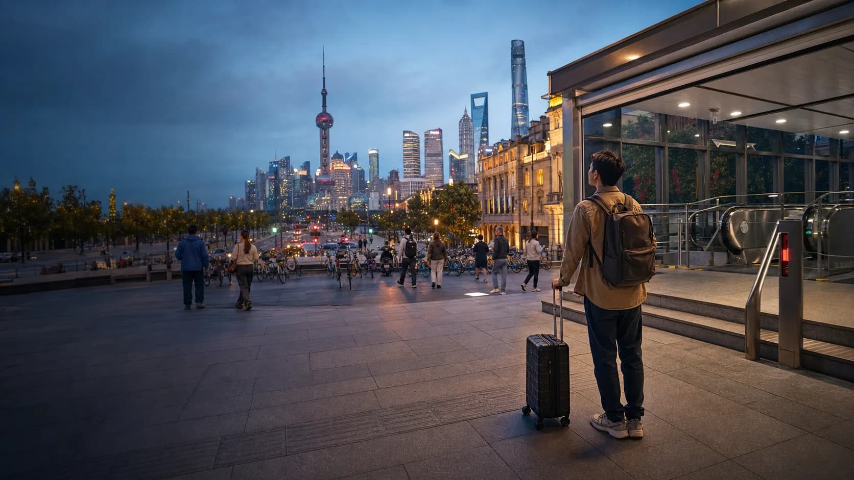 Independent traveler arriving in central Shanghai at blue hour with the Pudong skyline ahead