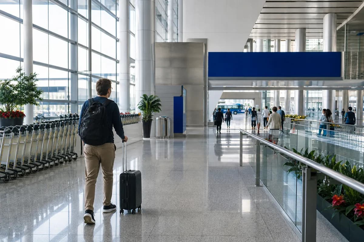 International traveler walking through a modern airport arrivals hall in China