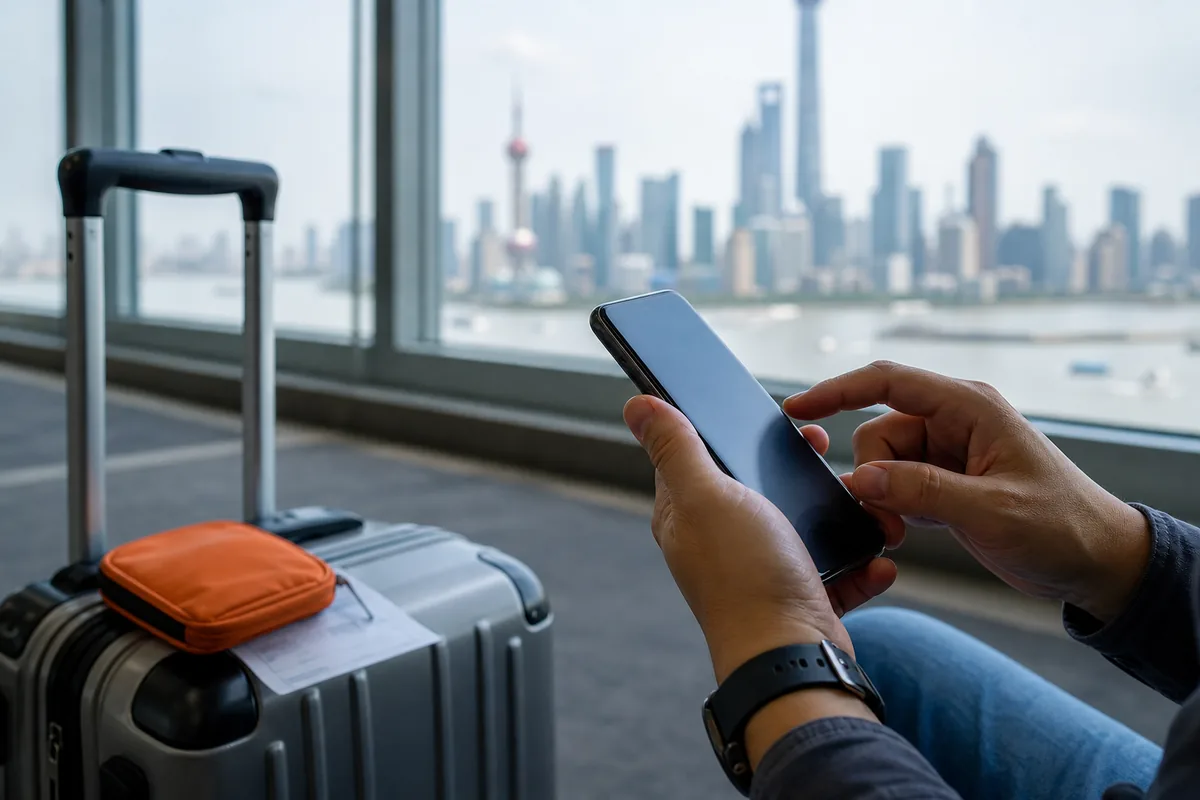 Traveler checking a phone beside luggage with the Shanghai skyline beyond the window