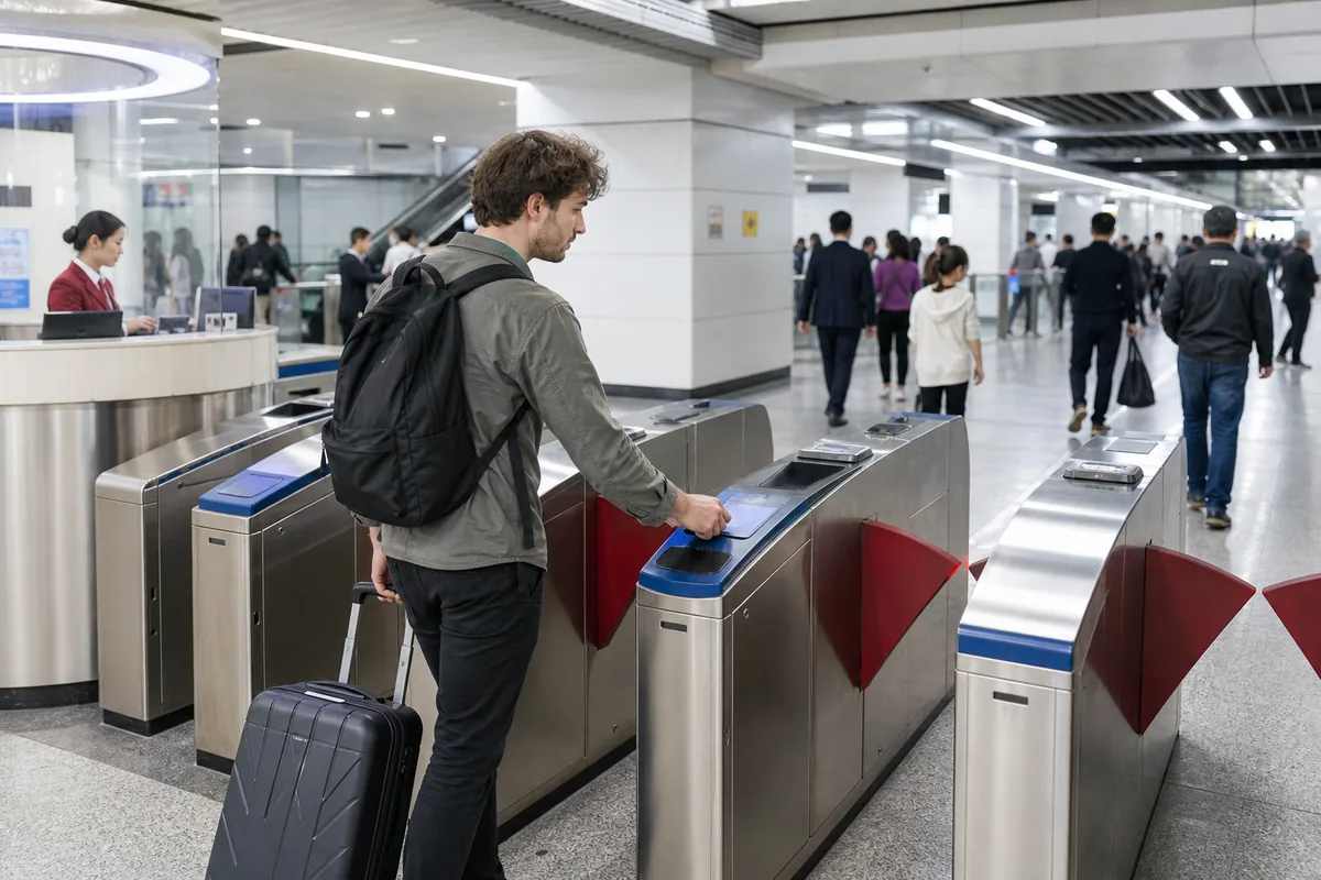 International traveler passing through fare gates in a modern Chinese city metro