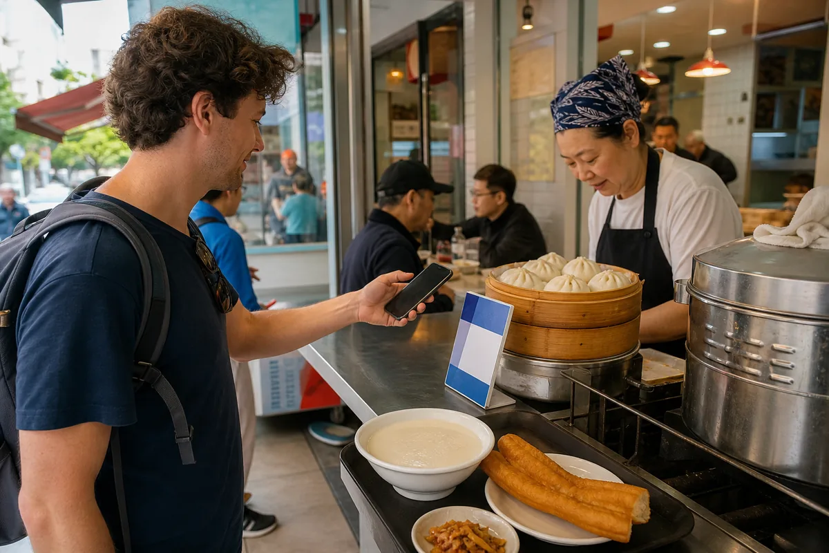 Traveler using a phone to pay at a neighborhood breakfast counter in China