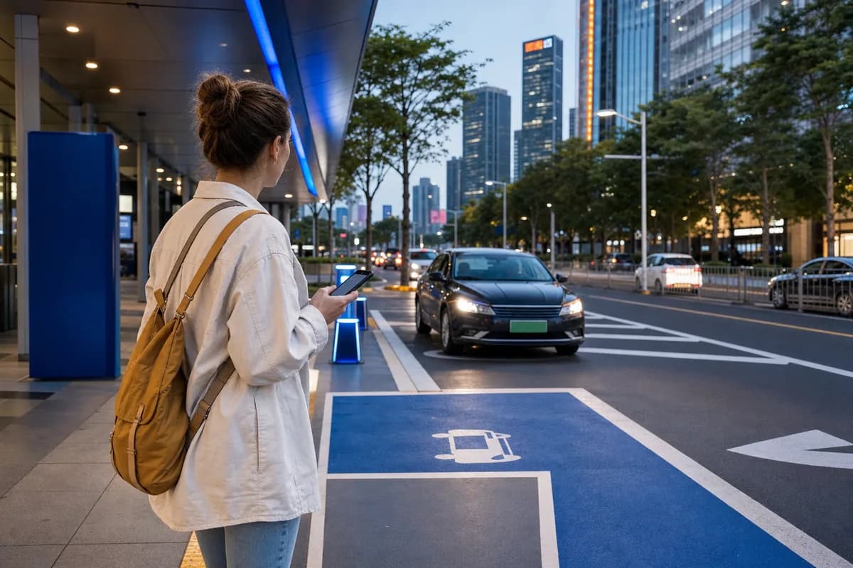 International traveler checking a phone beside a designated urban ride pickup area in China