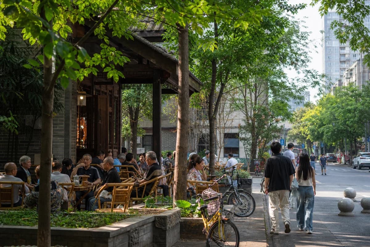 A shaded Chengdu neighborhood street with outdoor tea tables and bicycles