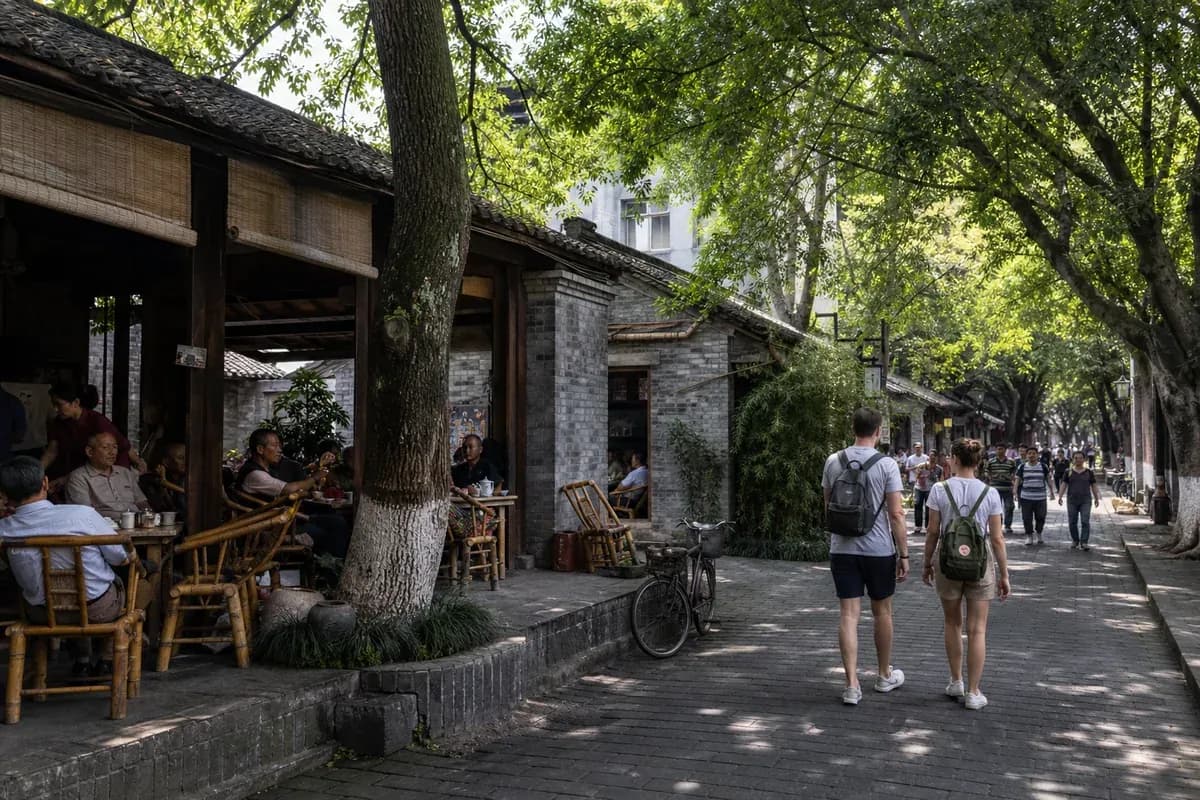 A shaded Chengdu neighborhood street with outdoor tea tables and bicycles