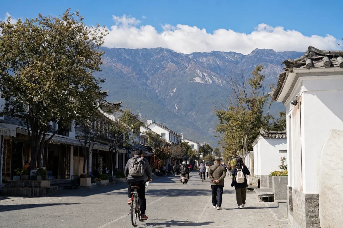A Dali Ancient Town street with Cangshan in the distance.