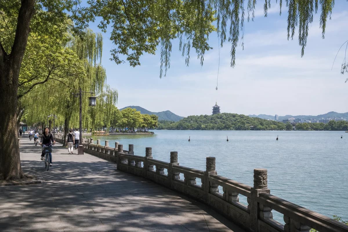 A tree-lined West Lake promenade in Hangzhou.