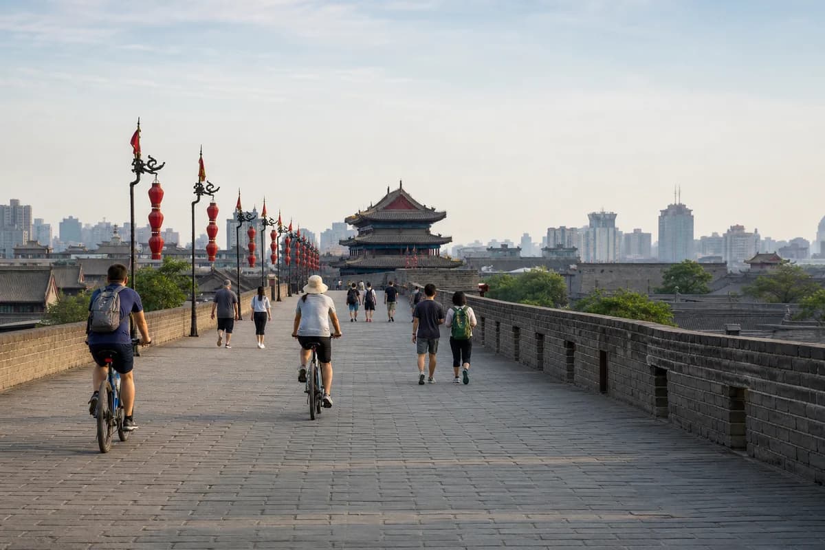 Cyclists passing a watchtower on Xi'an City Wall
