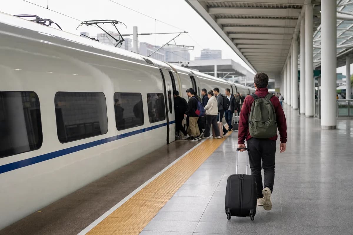 Traveler walking toward a waiting high-speed train on a station platform in China